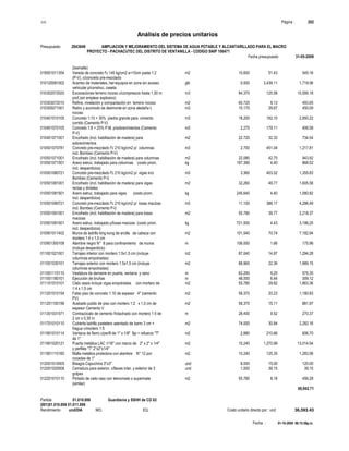 S10 Página : 202
Análisis de precios unitarios
Presupuesto 2043649 AMPLIACION Y MEJORAMIENTO DEL SISTEMA DE AGUA POTABLE Y ALCANTARILLADO PARA EL MACRO
PROYECTO - PACHACUTEC DEL DISTRITO DE VENTANILLA - CODIGO SNIP 106471
Fecha presupuesto 31-05-2009
Fecha : 01-10-2009 06:15:58p.m.
2esmalte)
019501011354 Vereda de concreto f'c 140 kg/cm2 e=10cm pasta 1:2 m2 10.600 51.43 545.16
(P-V), c/concreto pre-mezclado
010120081002 Acarreo de materiales, her-equipos en zona sin acceso glb 0.500 3,439.11 1,719.56
vehicular p/construc. caseta
010302072020 Excavaciones terreno rocoso c/compresora hasta 1,00 m m3 84.370 125.58 10,595.18
prof.(sin emplear explosivo)
010303072010 Refine, nivelación y compactación en terreno rocoso m2 60.720 8.13 493.65
010305071001 Retiro y acomodo de desmonte en zona aledaña t. m3 15.170 29.67 450.09
rocoso
010401010105 Concreto 1:10 + 30% piedra grande para cimiento m3 18.200 162.10 2,950.22
corrido (Cemento P-V)
010401070105 Concreto 1:8 + 25% P.M. p/sobrecimientos (Cemento m3 2.270 179.11 406.58
P-V)
010401071001 Encofrado (incl. habilitación de madera) para m2 22.720 32.33 734.54
sobrecimientos
010501070781 Concreto pre-mezclado f'c 210 kg/cm2 p/ columnas m3 2.700 451.04 1,217.81
incl. Bombeo (Cemento P-V)
010501071001 Encofrado (incl. habilitación de madera) para columnas m2 22.080 42.75 943.92
010501071501 Acero estruc. trabajado para columnas (costo prom. kg 197.390 4.40 868.52
incl. desperdicios)
010501080721 Concreto pre-mezclado f'c 210 kg/cm2 p/ vigas incl. m3 3.360 403.52 1,355.83
Bombeo (Cemento P-I)
010501081001 Encofrado (incl. habilitación de madera) para vigas m2 32.260 49.77 1,605.58
rectas y dinteles
010501081501 Acero estruc. trabajado para vigas (costo prom. kg 245.640 4.40 1,080.82
incl. desperdicios)
010501090721 Concreto pre-mezclado f'c 210 kg/cm2 p/ losas macizas m3 11.100 386.17 4,286.49
incl. Bombeo (Cemento P-I)
010501091001 Encofrado (incl. habilitación de madera) para losas m2 55.780 39.77 2,218.37
macizas
010501091501 Acero estruc. trabajado p/losas macizas (costo prom. kg 721.500 4.43 3,196.25
incl. desperdicios)
010901011402 Muros de ladrillo king kong de arcilla de cabeza con m2 101.540 70.74 7,182.94
mortero 1:4 x 1,5 cm
010901300108 Alambre negro N° 8 para confinamiento de muros m 106.000 1.66 175.96
(incluye desperdicio)
011001021001 Tarrajeo interior con mortero 1:5x1,5 cm (incluye m2 87.040 14.87 1,294.28
columnas empotradas)
011001030101 Tarrajeo exterior con mortero 1:5x1,5 cm (incluye m2 88.960 22.36 1,989.15
columnas empotradas)
011001110110 Vestidura de derrame en puerta, ventana y vano m 62.200 9.25 575.35
011001180101 Ejecución de bruñas m 48.000 6.44 309.12
011101010101 Cielo rasos incluye vigas empotradas con mortero de m2 55.780 29.82 1,663.36
1:4 x 1,5 cm
011201010154 Falso piso de concreto 1:10 de espesor 4" (cemento m2 58.370 20.23 1,180.83
PV)
011201100156 Acabado pulido de piso con mortero 1:2 x 1,5 cm de m2 58.370 15.11 881.97
espesor Cemento V
011301031571 Contrazócalo de cemento frotachado con mortero 1:5 de m 28.400 9.52 270.37
2 cm x 0,30 m
011701010110 Cubierta ladrillo pastelero asentado de barro 3 cm + m2 74.000 30.84 2,282.16
fragua c/mortero 1:5
011901010114 Ventana de fierro c/perfil de 1" x 1/8" fija + refuerzo "T" m2 2.880 210.66 606.70
de 1"
011901020121 Puerta metálica LAC 1/16" con marco de 2" x 2" x 1/4" m2 10.240 1,270.99 13,014.94
y perfiles "T" 2"x2"x1/4"
011901110160 Malla metálica protectora con alambre N° 12 por m2 10.240 125.35 1,283.58
cocadas de 1"
012001010005 Bisagra Capuchina 3"x3" und 8.000 15.00 120.00
012001020008 Cerradura para exterior, c/llaves inter. y exterior de 3 und 1.000 39.15 39.15
golpes
012201010110 Pintado de cielo raso con teknomate o supermate m2 55.780 8.18 456.28
(similar)
69,942.71
Partida 01.010.006 Guardiania y SSHH de CD 02
(001)01.010.006 01.011.006
Rendimiento und/DIA MO. EQ. Costo unitario directo por : und 36,593.43
 