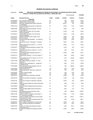 S10 Página : 203
Análisis de precios unitarios
Presupuesto 2043649 AMPLIACION Y MEJORAMIENTO DEL SISTEMA DE AGUA POTABLE Y ALCANTARILLADO PARA EL MACRO
PROYECTO - PACHACUTEC DEL DISTRITO DE VENTANILLA - CODIGO SNIP 106471
Fecha presupuesto 31-05-2009
Fecha : 01-10-2009 06:15:58p.m.
Código Descripción Recurso Unidad Cuadrilla Cantidad Precio S/. Parcial S/.
Subpartidas
010120070078 Trazo y replanteo inicial para caseta und 1.000 253.01 253.01
010120070277 Replanteo final de la obra de caseta und 1.000 116.97 116.97
010501091501 Acero estruc. trabajado p/losas macizas (costo prom. kg 224.010 4.43 992.36
incl. desperdicios)
010901011402 Muros de ladrillo king kong de arcilla de cabeza con m2 34.420 70.74 2,434.87
mortero 1:4 x 1,5 cm
010901300108 Alambre negro N° 8 para confinamiento de muros m 10.000 1.66 16.60
(incluye desperdicio)
011001021001 Tarrajeo interior con mortero 1:5x1,5 cm (incluye m2 41.630 14.87 619.04
columnas empotradas)
011001030101 Tarrajeo exterior con mortero 1:5x1,5 cm (incluye m2 42.450 22.36 949.18
columnas empotradas)
011001110110 Vestidura de derrame en puerta, ventana y vano m 18.000 9.25 166.50
011001180101 Ejecución de bruñas m 25.000 6.44 161.00
011101010101 Cielo rasos incluye vigas empotradas con mortero de m2 28.300 29.82 843.91
1:4 x 1,5 cm
011201010154 Falso piso de concreto 1:10 de espesor 4" (cemento m2 22.670 20.23 458.61
PV)
011201100156 Acabado pulido de piso con mortero 1:2 x 1,5 cm de m2 22.670 15.11 342.54
espesor Cemento V
011301031571 Contrazócalo de cemento frotachado con mortero 1:5 de m 13.790 9.52 131.28
2 cm x 0,30 m
011601010110 Revestimiento de gradas con mortero de 1:4 x 2 cm + m 1.800 34.73 62.51
pulido 1:2 x 1 cm
011701010110 Cubierta ladrillo pastelero asentado de barro 3 cm + m2 28.300 30.84 872.77
fragua c/mortero 1:5
011901010114 Ventana de fierro c/perfil de 1" x 1/8" fija + refuerzo "T" m2 3.600 210.66 758.38
de 1"
011901020121 Puerta metálica LAC 1/16" con marco de 2" x 2" x 1/4" m2 2.100 1,270.99 2,669.08
y perfiles "T" 2"x2"x1/4"
011901110160 Malla metálica protectora con alambre N° 12 por m2 3.600 125.35 451.26
cocadas de 1"
011901170112 Escalera de tubo fo. galvanizado con parantes de 1" m 2.400 157.74 378.58
por peldaños de 3/4"
011901180246 Marco y tapa de plancha LAC estriada de 3/16" con und 1.000 1,266.50 1,266.50
mecanismo seguridad s/diseño
012001010005 Bisagra Capuchina 3"x3" und 3.000 15.00 45.00
012001020008 Cerradura para exterior, c/llaves inter. y exterior de 3 und 1.000 39.15 39.15
golpes
012001020022 Candado, incluyendo aldabas und 1.000 19.03 19.03
012001040010 Manija de bronce und 1.000 9.50 9.50
012201010110 Pintado de cielo raso con teknomate o supermate m2 28.300 8.18 231.49
(similar)
012201010125 Pintado de muro interior con teknomate o supermate m2 41.630 6.95 289.33
(similar)
012201010140 Pintado de muro exterior con teknomate o supermate m2 42.450 6.95 295.03
(similar)
012201020045 Pintado de puertas metálicas LAC (2manos anticorrosiva m2 4.200 14.87 62.45
+ 2esmalte)
012201020050 Pintado de ventanas metálicas (2manos anticorrosiva + m2 3.600 8.73 31.43
2esmalte)
012201020055 Pintado de mallas metálicas (2manos anticorrosiva + m2 3.600 8.73 31.43
2esmalte)
017801350150 Caja rebose-limpia terreno rocoso s/exp. incluye und 1.000 3,085.34 3,085.34
eliminación desmonte (C-V)
019501011354 Vereda de concreto f'c 140 kg/cm2 e=10cm pasta 1:2 m2 35.400 51.43 1,820.62
(P-V), c/concreto pre-mezclado
010120081002 Acarreo de materiales, her-equipos en zona sin acceso glb 1.000 3,439.11 3,439.11
vehicular p/construc. caseta
010302072020 Excavaciones terreno rocoso c/compresora hasta 1,00 m m3 7.080 125.58 889.11
prof.(sin emplear explosivo)
010303072010 Refine, nivelación y compactación en terreno rocoso m2 22.670 8.13 184.31
010305071001 Retiro y acomodo de desmonte en zona aledaña t. m3 10.010 29.67 297.00
rocoso
010401010105 Concreto 1:10 + 30% piedra grande para cimiento m3 5.200 162.10 842.92
corrido (Cemento P-V)
010401011001 Encofrado (incl. habilitación de madera) para cimiento m2 20.780 28.57 593.68
corrido
 