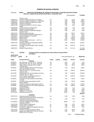 S10 Página : 212
Análisis de precios unitarios
Presupuesto 2043649 AMPLIACION Y MEJORAMIENTO DEL SISTEMA DE AGUA POTABLE Y ALCANTARILLADO PARA EL MACRO
PROYECTO - PACHACUTEC DEL DISTRITO DE VENTANILLA - CODIGO SNIP 106471
Fecha presupuesto 31-05-2009
Fecha : 01-10-2009 06:15:58p.m.
Tablero de Control
013502010103 Sumnistro e Instalación de Poste de C.A. 7/300/120 und 3.000 275.64 826.92
013502010124 Sumnistro e Instalación de Poste de C.A. 11/400/180/345 und 3.000 829.58 2,488.74
013502010201 Suministro e instalación de Pastoral Fo.Go. simple und 3.000 192.99 578.97
013601010190 Instalación de fluorescente und 4.000 5.19 20.76
013601010196 Fluorescente recto ISPE de 2 x 36 W con equipo y und 4.000 65.50 262.00
pantalla
013601050192 Lampara ahorradora de energia de 20W und 3.000 15.00 45.00
013601050193 Instalación de lampara ahorradora und 3.000 3.47 10.41
013601200160 Artefacto de iluminación braquete WS 150R josfel + und 3.000 44.00 132.00
lampara de 100 W
013901010101 Antena para telemetría tipo yagui und 1.000 2,768.12 2,768.12
013901010156 Estructura metálica para antena de telemetría de 6 m und 1.000 973.51 973.51
013901200110 Cabezal portaelectrodos incl. electrodos und 2.000 271.29 542.58
013901200115 Detector de Intrusos und 1.000 1,500.00 1,500.00
013901510210 Estación Remota und 1.000 14,454.06 14,454.06
017601050103 Buzonete en terreno normal a pulso de 1,01 m a und 10.000 924.28 9,242.80
1,50 m profundidad
018801010140 Suministro y colocación de Transformador de 800kVA: und 1.000 54,542.02 54,542.02
20 -10/0.46kV- 3F - 60Hz
018801030310 Suministro y colocacion de SAB de 315kVA - 20/0.46kV und 1.000 66,139.70 66,139.70
- 3F - 60Hz
018901950114 Montaje de Tableros Eléctricos und 1.000 19,110.92 19,110.92
275,173.55
Partida 02.003.002 Equipamiento Electrico y Automatización de Caseta de Reservorio Apoyado RAP-03
(vol=1000m3)
(002)02.003.002
Rendimiento glb/DIA MO. EQ. Costo unitario directo por : glb 455,661.88
Código Descripción Recurso Unidad Cuadrilla Cantidad Precio S/. Parcial S/.
Materiales
0212060150 Caja de fierro galv. 100 x 100 x 50 mm incluye tapa und 4.000 3.13 12.52
0212064411 Caja de fierro galv. 150 x 150 x 50 mm incluye tapa und 8.000 40.00 320.00
0212260104 Tablero eléctrico distribución (TD-01) 4 circuitos und 1.000 600.75 600.75
+interruptor horario
0212260105 Tablero de Distribución General ( TDG) 5 interruptores und 1.000 1,200.00 1,200.00
de:3x1100A, 3x1000A, 2 de 3x15A.
0212310159 Tablero de Control ( TC - 1) con UPS de 2.5kVA und 2.000 27,000.00 54,000.00
autonomia 2 horas
0212310200 Tablero General ( TG ) con 3 arrancadores para motores und 1.000 57,000.00 57,000.00
de 125HP - 440V - 3F - 60Hz +
0212310245 Tablero de banco de condensadores (TBC) con 3 und 1.000 42,400.00 42,400.00
bcos. de 37KVAR - 440V-3F-60Hz
0212320016 Transmisor de nivel piezorresistivo de 4-20mA Rango und 1.000 1,500.00 1,500.00
0-10mH2O
0212320021 Transmisor de presion piezorresistivo de 4-20mA und 3.000 1,500.00 4,500.00
Rango 0-150mH2O
0212320022 Transmisor de posición con salida análoga de 4-20 mA und 1.000 5,100.00 5,100.00
0230890322 Medidor caudal DN 300 mm PN 16 electro magnético BB und 1.000 13,069.00 13,069.00
con salida analógica
0272020308 Adaptador 65 a 20 PVC und 2.000 15.60 31.20
0272020309 Adaptador 90 a 20 PVC und 9.000 30.00 270.00
0272020311 Adaptador 15 mm PVC a PE und 10.000 45.00 450.00
013201104061 Cable eléctrico coaxial RG 213 m 40.000 5.36 214.40
180,667.87
Subpartidas
070101010119 Construcción de dado de concreto de und 4.000 23.49 93.96
0.25x0.15x0.50m.para caja de FoGo de 150x150x50mm
070101010120 Construcción de dado de concreto de und 2.000 15.97 31.94
0.30x0.30x0.15m.para salida de transmisor
010110040191 Suministro e Instalación en zanja de Cinta de m 150.000 0.42 63.00
señalización.-SEDAPAL
010401010180 concreto Ciclopeo con piedra grande m3 2.508 137.61 345.13
010401030115 Concreto pobre 1:12 0.03m3/ml m3 1.860 142.33 264.73
010501066008 Encofrado (incl. habilitación de madera) para muro recto m2 2.400 40.82 97.97
para soporte de tablero
010501770182 Concreto f'c 210 kg/cm2 para soporte de tablero m3 0.300 284.84 85.45
012901020125 Salida de techo c/cable AWG TW 2,50 mm (14)+d PVC und 5.000 64.51 322.55
SAP DN 20 mm ( 3/4") (punto)
 