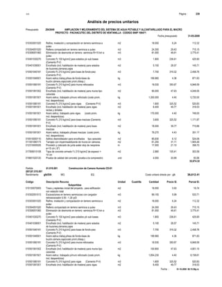 S10 Página : 239
Análisis de precios unitarios
Presupuesto 2043649 AMPLIACION Y MEJORAMIENTO DEL SISTEMA DE AGUA POTABLE Y ALCANTARILLADO PARA EL MACRO
PROYECTO - PACHACUTEC DEL DISTRITO DE VENTANILLA - CODIGO SNIP 106471
Fecha presupuesto 31-05-2009
Fecha : 01-10-2009 06:15:58p.m.
010303051020 Refine, nivelación y compactación en terreno semiroca a m2 18.000 6.24 112.32
pulso
010304051020 Relleno compactado en terreno semiroca a pulso m3 24.300 29.43 715.15
010306051060 Eliminación de desmonte en terreno semiroca R=10 km a m3 81.000 46.61 3,775.41
pulso
010401030270 Concreto f'c 100 kg/cm2 para solados y/o sub bases m3 1.800 236.61 425.90
(Cemento P-V)
010401036001 Encofrado (incl. habilitación de madera) para solados m2 5.100 28.57 145.71
de buzones,cámaras,cajas
010501040181 Concreto f'c 210 kg/cm2 para losas de fondo-piso m3 7.700 319.32 2,458.76
(Cemento P-V)
010501046501 Acero estruc.trabaj.p/losa de fondo-base de kg 199.960 4.36 871.83
buzón.cámara,caja(costo prom.i/desp.)
010501060181 Concreto f'c 210 kg/cm2 para muros reforzados m3 19.530 350.67 6,848.59
(Cemento P-V)
010501061002 Encofrado (incl. habilitación de madera) para muros tipo m2 85.000 47.63 4,048.55
caravista
010501061501 Acero estruc. trabajado p/muro reforzado (costo prom. kg 1,300.000 4.40 5,720.00
incl. desperdicios)
010501080181 Concreto f'c 210 kg/cm2 para vigas (Cemento P-V) m3 1.600 325.52 520.83
010501081001 Encofrado (incl. habilitación de madera) para vigas m2 6.400 49.77 318.53
rectas y dinteles
010501081501 Acero estruc. trabajado para vigas (costo prom. kg 170.000 4.40 748.00
incl. desperdicios)
010501090181 Concreto f'c 210 kg/cm2 para losas macizas (Cemento m3 3.600 325.52 1,171.87
P-V)
010501091001 Encofrado (incl. habilitación de madera) para losas m2 18.000 39.77 715.86
macizas
010501091501 Acero estruc. trabajado p/losas macizas (costo prom. kg 79.270 4.43 351.17
incl. desperdicios)
010510000110 Aditivo desmoldeador para encofrados tipo caravista m2 85.630 6.12 524.06
011001080173 Tarrajeo con impermeabilizante de muros en cámaras m2 61.250 31.11 1,905.49
012310000026 Provisión y colocado de junta water stop de neoprene m 17.000 21.10 358.70
e=15 cm ( 6")
017906010108 Tapa de concreto armado f´c 210 kg/cm2 de espesor = m2 2.880 105.41 303.58
10 cm
019601020120 Prueba de calidad del concreto (prueba a la compresión) und 4.000 20.89 83.56
32,674.32
Partida 01.010.001 Construccion de Camara Humeda CD-01
(001)01.010.001
Rendimiento glb/DIA MO. EQ. Costo unitario directo por : glb 36,612.41
Código Descripción Recurso Unidad Cuadrilla Cantidad Precio S/. Parcial S/.
Subpartidas
010120070005 Trazo y replanteo inicial del proyecto, para edificación m2 18.000 0.93 16.74
con estación total
010302051013 Excavaciones en terreno semirocoso con cargador m3 89.100 5.99 533.71
retroexcavador 0,50 - 1,30 yd3
010303051020 Refine, nivelación y compactación en terreno semiroca a m2 18.000 6.24 112.32
pulso
010304051020 Relleno compactado en terreno semiroca a pulso m3 24.300 29.43 715.15
010306051060 Eliminación de desmonte en terreno semiroca R=10 km a m3 81.000 46.61 3,775.41
pulso
010401030270 Concreto f'c 100 kg/cm2 para solados y/o sub bases m3 1.800 236.61 425.90
(Cemento P-V)
010401036001 Encofrado (incl. habilitación de madera) para solados m2 5.100 28.57 145.71
de buzones,cámaras,cajas
010501040181 Concreto f'c 210 kg/cm2 para losas de fondo-piso m3 7.700 319.32 2,458.76
(Cemento P-V)
010501046501 Acero estruc.trabaj.p/losa de fondo-base de kg 199.960 4.36 871.83
buzón.cámara,caja(costo prom.i/desp.)
010501060181 Concreto f'c 210 kg/cm2 para muros reforzados m3 19.530 350.67 6,848.59
(Cemento P-V)
010501061002 Encofrado (incl. habilitación de madera) para muros tipo m2 100.800 47.63 4,801.10
caravista
010501061501 Acero estruc. trabajado p/muro reforzado (costo prom. kg 1,854.230 4.40 8,158.61
incl. desperdicios)
010501080181 Concreto f'c 210 kg/cm2 para vigas (Cemento P-V) m3 1.600 325.52 520.83
010501081001 Encofrado (incl. habilitación de madera) para vigas m2 6.400 49.77 318.53
 
