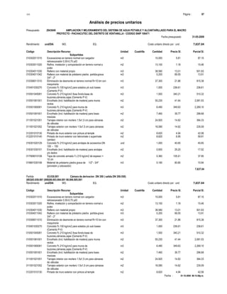 S10 Página : 97
Análisis de precios unitarios
Presupuesto 2043649 AMPLIACION Y MEJORAMIENTO DEL SISTEMA DE AGUA POTABLE Y ALCANTARILLADO PARA EL MACRO
PROYECTO - PACHACUTEC DEL DISTRITO DE VENTANILLA - CODIGO SNIP 106471
Fecha presupuesto 31-05-2009
Fecha : 01-10-2009 06:15:58p.m.
Rendimiento und/DIA MO. EQ. Costo unitario directo por : und 7,637.04
Código Descripción Recurso Unidad Cuadrilla Cantidad Precio S/. Parcial S/.
Subpartidas
010302011010 Excavaciones en terreno normal con cargador m3 15.000 5.81 87.15
retroexcavador 0,50-0,75 yd3
010303011020 Refine, nivelación y compactación en terreno normal a m2 13.100 1.18 15.46
pulso
010304011030 Relleno con material propio m3 38.580 13.01 501.93
010304011042 Relleno con material de préstamo piedra partida-grava m3 0.200 69.55 13.91
3/4" - 2"
010306011010 Eliminación de desmonte en terreno normal R=10 km con m3 37.300 21.86 815.38
maquinaria
010401030270 Concreto f'c 100 kg/cm2 para solados y/o sub bases m3 1.000 236.61 236.61
(Cemento P-V)
010501045081 Concreto f'c 210 kg/cm2 /losa fondo-base de m3 1.500 340.21 510.32
buzones,cámaras,cajas (Cemento P-V)
010501061001 Encofrado (incl. habilitación de madera) para muros m2 50.230 41.44 2,081.53
rectos
010501065081 Concreto f'c 210 kg/cm2 para muros de m3 6.490 349.63 2,269.10
buzones,cámaras,cajas (Cemento P-V)
010501091001 Encofrado (incl. habilitación de madera) para losas m2 7.460 39.77 296.68
macizas
011001021051 Tarrajeo interior con mortero 1:5x1,5 cm para cámaras m2 24.920 14.62 364.33
de válvulas
011001021052 Tarrajeo exterior con mortero 1:5x1,5 cm para cámaras m2 16.080 14.62 235.09
de válvulas
012201010130 Pintado de muro exterior con pintura al temple m2 8.620 4.94 42.58
012201010140 Pintado de muro exterior con teknomate o supermate m2 8.620 6.95 59.91
(similar)
016301020129 Concreto f'c 210 kg/cm2 para anclajes de accesorios DN und 1.000 40.65 40.65
100 - 150
016301030101 Encofrado (incl. habilitación de madera) para anclajes m2 0.600 29.20 17.52
y/o dados
017906010108 Tapa de concreto armado f´c 210 kg/cm2 de espesor = m2 0.360 105.41 37.95
10 cm
019801030106 Material de préstamo piedra grava de 1/2" - 3/4" m3 0.180 60.80 10.94
(provisión y colocación)
7,637.04
Partida 03.030.001 Cámara de derivacion DN 350 ( salida DN 350-350)
(003)03.030.001 (008)08.003.004.001 08.006.005.001
Rendimiento und/DIA MO. EQ. Costo unitario directo por : und 7,637.04
Código Descripción Recurso Unidad Cuadrilla Cantidad Precio S/. Parcial S/.
Subpartidas
010302011010 Excavaciones en terreno normal con cargador m3 15.000 5.81 87.15
retroexcavador 0,50-0,75 yd3
010303011020 Refine, nivelación y compactación en terreno normal a m2 13.100 1.18 15.46
pulso
010304011030 Relleno con material propio m3 38.580 13.01 501.93
010304011042 Relleno con material de préstamo piedra partida-grava m3 0.200 69.55 13.91
3/4" - 2"
010306011010 Eliminación de desmonte en terreno normal R=10 km con m3 37.300 21.86 815.38
maquinaria
010401030270 Concreto f'c 100 kg/cm2 para solados y/o sub bases m3 1.000 236.61 236.61
(Cemento P-V)
010501045081 Concreto f'c 210 kg/cm2 /losa fondo-base de m3 1.500 340.21 510.32
buzones,cámaras,cajas (Cemento P-V)
010501061001 Encofrado (incl. habilitación de madera) para muros m2 50.230 41.44 2,081.53
rectos
010501065081 Concreto f'c 210 kg/cm2 para muros de m3 6.490 349.63 2,269.10
buzones,cámaras,cajas (Cemento P-V)
010501091001 Encofrado (incl. habilitación de madera) para losas m2 7.460 39.77 296.68
macizas
011001021051 Tarrajeo interior con mortero 1:5x1,5 cm para cámaras m2 24.920 14.62 364.33
de válvulas
011001021052 Tarrajeo exterior con mortero 1:5x1,5 cm para cámaras m2 16.080 14.62 235.09
de válvulas
012201010130 Pintado de muro exterior con pintura al temple m2 8.620 4.94 42.58
 