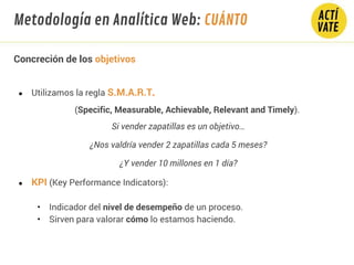 Concreción de los objetivos
● Utilizamos la regla S.M.A.R.T.
(Specific, Measurable, Achievable, Relevant and Timely).
Si vender zapatillas es un objetivo…
¿Nos valdría vender 2 zapatillas cada 5 meses?
¿Y vender 10 millones en 1 día?
● KPI (Key Performance Indicators):
●
• Indicador del nivel de desempeño de un proceso.
• Sirven para valorar cómo lo estamos haciendo.
Metodología en Analítica Web: CUÁNTO
 