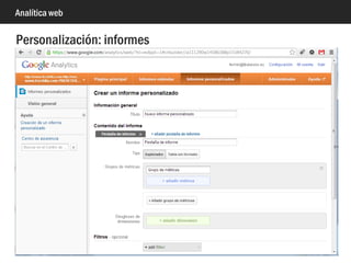 Analítica web
Imagen Autor Licencia
Screen of apps Seth Meranda CC BY NC
iPhone Apps Daniel Go CC BY NC
Big Data: water wordscape Marius B CC BY
MS-DOS Blue Horizontal Kjetil Korslien CC BY NC
Knowledge will make you free tellatic CC BY
Computers Pham Thi Dieu Linh CC BY
Server Mister Pixel CC BY
Cloud misirlou CC BY
Cookie Arthur Shlain CC BY
Eye irene hoffman CC BY
Html-File iconsmind.com CC BY
Js-File useiconic.com CC BY
brain TZA CC BY NC
Imágenes utilizadas en esta presentación y licencias
 
