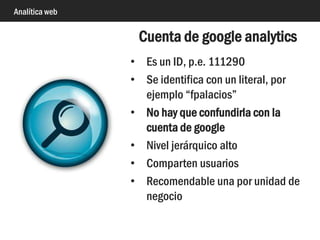 Analítica web
Cuenta #n
Analytics
“fpalacios”
Propiedad #1
fitipaldis.com
Vista #0
todo
Vista #1
solo web
Vista #2
solo foro
Vista #3
web + foro
Vista #4
pruebas
Propiedad #2
fpalacios.es
Cuentas, propiedades web y perfiles
fermin@fpalacios.es
tu@gmail.com
otro@gmail.com
 