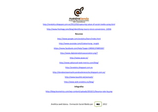 http://analytics.blogspot.com.es/2012/03/capturing-value-of-social-media-using.html

    http://www.freshegg.com/blog/identifying-macro-micro-conversions_12036

                                     Recursos

                http://www.google.com/analytics/learn/index.html

                  http://www.youtube.com/t/advertising_insight

            https://www.facebook.com/help/?page=198581376893307

                   http://www.digitalanalyticsassociation.org/?

                              http://www.aeaw.es/

                  http://www.advanced-web-metrics.com/blog/

                         http://analytics.blogspot.com.es

           http://dondeestaavinashcuandoselenecesita.blogspot.com.es/

                         http://www.kaushik.net/avinash/

                        http://www.web-analytics.es/blog/

                                    Infografías

   http://blog.kissmetrics.com/wp-content/uploads/2010/11/bounce-rate-lrg.png




         Análitica web básica - Formación Social Media por   MU     2012
 