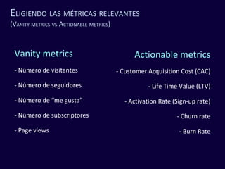 ELIGIENDO LAS MÉTRICAS RELEVANTES
(VANITY METRICS VS ACTIONABLE METRICS)
Vanity metrics
- Número de visitantes
- Número de...