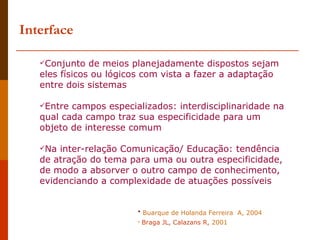 Interface Buarque de Holanda Ferreira  A, 2004 Braga JL, Calazans R,  2001 Conjunto de meios planejadamente dispostos sejam eles físicos ou lógicos com vista a fazer a adaptação entre dois sistemas Entre campos especializados: interdisciplinaridade na qual cada campo traz sua especificidade para um objeto de interesse comum Na inter-relação Comunicação/ Educação: tendência de atração do tema para uma ou outra especificidade, de modo a absorver o outro campo de conhecimento, evidenciando a complexidade de atuações possíveis 