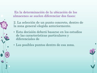 En la determinación de la ubicación de los
almacenes se suelen diferenciar dos fases:
2. La selección de un punto concreto, dentro de
la zona general elegida anteriormente.
• Esta decisión deberá basarse en los estudios
de las características particulares y
diferenciales de
• Los posibles puntos dentro de esa zona.
 