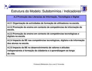 Estrutura do Modelo: Subdomínios / Indicadores
      A.2 Promoção das Literacias da Informação, Tecnológica e Digital


A.2.1 Organização de actividades de formação de utilizadores na escola.
A.2.2 Promoção do ensino em contexto de competências de informação da
escola.
A.2.3 Promoção do ensino em contexto de competências tecnológicas e
digitais na escola.
A.2.4 Impacto da BE nas competências tecnológicas, digitais e de informação
dos alunos na escola.

A.2.5 Impacto da BE no desenvolvimento de valores e atitudes
indispensáveis à formação da cidadania e à aprendizagem ao longo
da vida.



                         Professora Bibliotecária: Ana Luísa S. Fernandes
 
