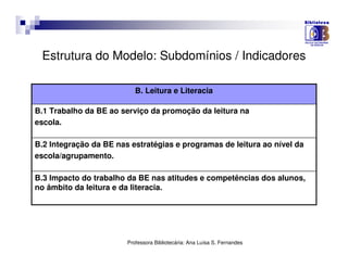 Estrutura do Modelo: Subdomínios / Indicadores

                           B. Leitura e Literacia

B.1 Trabalho da BE ao serviço da promoção da leitura na
escola.

B.2 Integração da BE nas estratégias e programas de leitura ao nível da
escola/agrupamento.

B.3 Impacto do trabalho da BE nas atitudes e competências dos alunos,
no âmbito da leitura e da literacia.




                        Professora Bibliotecária: Ana Luísa S. Fernandes
 