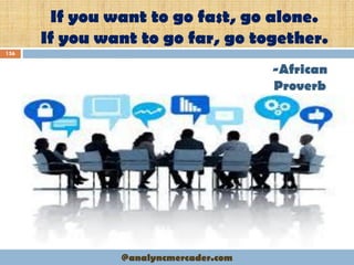 If you want to go fast, go alone.
If you want to go far, go together.
156
-African
Proverb
@analyncmercader.com
 