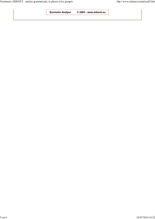 Sommaire Analyse © 2005 - www.aidenet.eu
Grammaire AIDENET : analyse grammaticale, la phrase et les groupes http://www.aidenet.eu/analyse02.htm
5 sur 6 24/07/2014 16:22
 