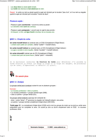 - Les deux tiers du stade sont remplis.
- La moitié des électeurs s'est abstenue de voter.
Rappel : le verbe se met au pluriel quand le sujet est introduit par la locution "plus d’un", et il se met au singulier
quand le sujet est introduit par la locution "moins de deux".
Plusieurs sujets :
- Plusieurs sujets coordonnés = accord du verbe au pluriel :
- Le chat et le chien sont des animaux.
- Plusieurs sujets juxtaposés = accord avec le sujet le plus proche :
- Un léopard, un lion, un tigre ferait le bonheur de ce nouveau zoo.
§A03 / c - Emploi du verbe
Un verbe transitif direct se construit avec un COD (Complément d'Objet Direct) :
- L'enfant avait oublié son cartable. (Verbe "oublier" > transitif direct).
Un verbe transitif indirect se construit avec un COI (Complément d'Objet Indirect) :
- Le juge a accédé à votre requête. (Verbe "accéder" > transitif indirect).
Un verbe intransitif n'admet pas de CO (Complément d'Objet) :
- L'enfant était parti de bonne heure. (Verbe "partir" > intransitif).
On va maintenant rechercher la fonction du verbe pour déterminer s'il possède la
forme d'action ou d'état (je mange la soupe ou la soupe est mangée), de pronominal
(je me lave), d'impersonnel ou défectif (il pleut).
En savoir plus
§A03 / d - Analyse
Le groupe verbal peut s'analyser suivant le cas en plusieurs groupes :
Exemple :
- Le nouveau professeur / dicte un poème.
> Le nouveau professeur = groupe nominal sujet (GNS).
> dicte un poème = groupe verbal (GV).
Ce groupe verbal analysé à son tour est composé de :
- dicte > verbe "dicter", 3
e
personne du singulier de l'indicatif présent, voix active.
- un poème > groupe nominal complément d'objet direct (GN COD).
Traité page 12 : Le complément d'objet direct (COD) est le mot (ou groupe de mots) qui se joint au verbe sans
préposition pour en compléter le sens. On aurait pu dire ou écrire simplement sans le COD : le nouveau
professeur dicte.
Sommaire Analyse © 2005 - www.aidenet.eu
Grammaire AIDENET : analyse grammaticale du verbe / A03 http://www.aidenet.eu/analyse03.htm
2 sur 4 24/07/2014 16:22
 