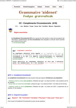Grammaire Verbes/Conjugaison Analyse Civisme Calcul Index
CC : Compléments Circonstanciels (A18)
C.C. - Lieu - Manière - Temps - Cause - But - Condition - Mesure - Opposition
Règles essentielles
Le Complément Circonstanciel (CC) est un groupe de mots (parfois un seul mot) qui apporte des
informations complémentaires sur les circonstances dans lesquelles se déroule l'action exprimée
par le verbe (d'où son nom) :
- Il marchait sur la route.
Complément adverbial
Le complément adverbial ainsi appelé car ce complément est soit un
adverbe soit un complément qui peut être remplacé par un adverbe. Il
correspond à ce que l'on appelle traditionnellement un complément
circonstanciel : il reviendra la semaine prochaine, il reviendra
prochainement.
Cette définition du complément adverbial ne fait pas l'unanimité
parmi les grammairiens, et c'est pourquoi nous conservons le terme
traditionnel de Complément Circonstanciel.
§A18 / a - Complément circonstanciel
Le complément circonstanciel est le plus souvent (mais pas toujours) introduit par une préposition :
- Théodore conduit sa voiture avec prudence. (Théodore est sujet > sa voiture est COD > avec prudence est CC
de manière).
- Ursule mène son cheval boire à la rivière. (Ursule est sujet > son cheval est COD > à la rivière est CC de lieu).
- Théodore conduit sa voiture prudemment. (Théodore est sujet > sa voiture est COD > prudemment est un
adverbe, CC de manière).
§A18 / b - Il répond à la question :
Quand ? Où ? Comment ? Combien ? Pourquoi ? Avec quoi ? Avec qui ?
Pour trouver le Complément Circonstanciel on pose une des questions :
Grammaire AIDENET : Complément Circonstanciel http://www.aidenet.eu/analyse18.htm
1 sur 4 24/07/2014 16:27
 