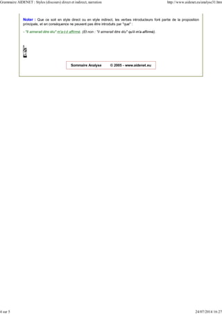 Noter : Que ce soit en style direct ou en style indirect, les verbes introducteurs font partie de la proposition
principale, et en conséquence ne peuvent pas être introduits par "que" :
- "Il aimerait être élu" m'a-t-il affirmé. (Et non : "il aimerait être élu" qu'il m'a affirmé).
Sommaire Analyse © 2005 - www.aidenet.eu
Grammaire AIDENET : Styles (discours) direct et indirect, narration http://www.aidenet.eu/analyse31.htm
4 sur 5 24/07/2014 16:27
 