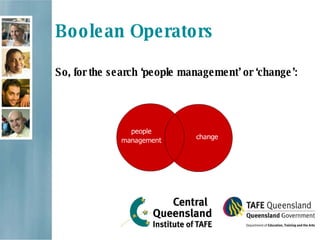 Boolean Operators So, for the search ‘people management’ or ‘change’: 