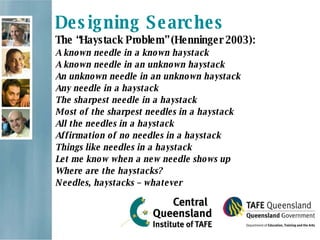Designing Searches The “Haystack Problem” (Henninger 2003):  A known needle in a known haystack A known needle in an unknown haystack An unknown needle in an unknown haystack Any needle in a haystack The sharpest needle in a haystack Most of the sharpest needles in a haystack All the needles in a haystack Affirmation of no needles in a haystack Things like needles in a haystack Let me know when a new needle shows up Where are the haystacks? Needles, haystacks – whatever  