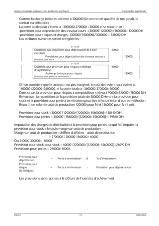 Analyse comptable appliquée à des problèmes spécifiques Comptabilité approfondie
ENCGT - - 2005/200653
Comme la charge totale est estimée à 3000000 (le contrat est qualifié de marginal), le
contrat est déficitaire
La perte totale peut s’élever à : 3000000-2700000 =300000 et se répartir en :
-provision pour dépréciation des travaux cours : (300000*1200000)/3000000= 120000DH
-provision pour risques et charges : (300000*1800000)/3000000 = 180000 DH
Les écritures suivantes seront enregistrées :
31-12/N
Dotations aux provisions pour dépréciation de l’actif
circulant
120000
Provisions pour dépréciation des travaux en cours 120000
Provision pour stock
31-12/N
Dotation pour provision pour risques et charges
d’exploitation
180000
Autres provisions pour risques 180000
Provision pour perte à « terminaison »
Si l’on considère que le contrat n’est pas marginal, le coût de revient sera estimé à :
1400000+220000=3600000, et la perte totale à : 3600000-2700000=900000
Dans ce cas la provision pour risques à comptabiliser s’éleva à 900000-120000=780000 DH
Remarque : la répartition de la provision totale de 300000 DHentre la provision pour
stock et la provision pour perte à terminaison peut être effectué selon d’autres méthodes :
Répartition selon le coût de production 1200000 pour N et 1560000 pour N+1 soit :
Provision pour stock =300000*[1200000/(1200000+1560000)]=130440 DH
Provision pour pertes = 300000*[1560000/(1200000+1560000)]=169560 DH
Imputation des charges de distribution à la provision pour pertes, ce qui fait imputer la
provision pour stock à la seule marge sur coût de production :
Marge sur coût de production =chiffres d’affaires - coûts de production
= 2700000-1200000-1560000=-60000
Ou 240000-300000= -60000
Provision pour stock pour stock = 60000*(1200000/(1200000+1560000))=26090 DH
Provisions pour pertes = 240000+60000
Provision pour
dépréciation
= Perte à terminaison X % d avancement
Provision pour
risque
(le reliquat)
= Perte à terminaison - Provision pour dépréciation
Les provisions sont reprises à la clôture de l’exercice d’achèvement
 