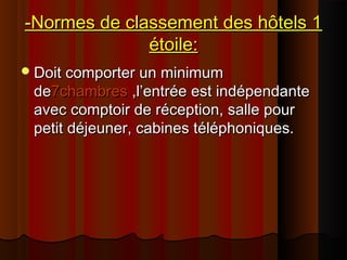 -Normes de classement des hôtels 1-Normes de classement des hôtels 1
étoile:étoile:
Doit comporter un minimumDoit comporter un minimum
dede7chambres7chambres ,l’entrée est indépendante,l’entrée est indépendante
avec comptoir de réception, salle pouravec comptoir de réception, salle pour
petit déjeuner, cabines téléphoniques.petit déjeuner, cabines téléphoniques.
 