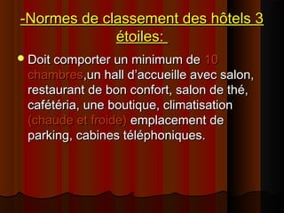 -Normes de classement des hôtels 3-Normes de classement des hôtels 3
étoiles:étoiles:
Doit comporter un minimum deDoit comporter un minimum de 1010
chambreschambres,un hall d’accueille avec salon,,un hall d’accueille avec salon,
restaurant de bon confort, salon de thé,restaurant de bon confort, salon de thé,
cafétéria, une boutique, climatisationcafétéria, une boutique, climatisation
(chaude et froide)(chaude et froide) emplacement deemplacement de
parking, cabines téléphoniques.parking, cabines téléphoniques.
 