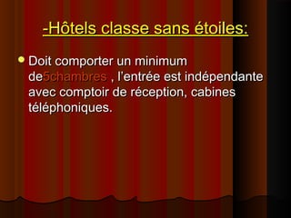 -Hôtels classe sans étoiles:-Hôtels classe sans étoiles:
Doit comporter un minimumDoit comporter un minimum
dede5chambres5chambres , l’entrée est indépendante, l’entrée est indépendante
avec comptoir de réception, cabinesavec comptoir de réception, cabines
téléphoniques.téléphoniques.
 