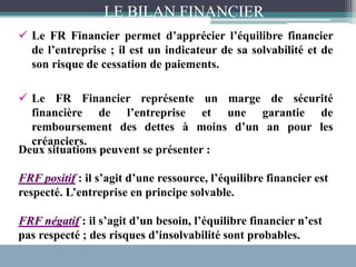 Deux situations peuvent se présenter :
FRF positif : il s’agit d’une ressource, l’équilibre financier est
respecté. L’entreprise en principe solvable.
FRF négatif : il s’agit d’un besoin, l’équilibre financier n’est
pas respecté ; des risques d’insolvabilité sont probables.
 Le FR Financier permet d’apprécier l’équilibre financier
de l’entreprise ; il est un indicateur de sa solvabilité et de
son risque de cessation de paiements.
 Le FR Financier représente un marge de sécurité
financière de l’entreprise et une garantie de
remboursement des dettes à moins d’un an pour les
créanciers.
LE BILAN FINANCIER
 