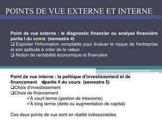 POINTS DE VUE EXTERNE ET INTERNE
Point de vue externe : le diagnostic financier ou analyse financière
partie I du cours (semestre 4)
 Exploiter l'information comptable pour évaluer le risque de l'entreprise
et son aptitude à créer de la valeur
 Notion de rentabilité économique et financière
Point de vue interne : la politique d'investissement et de
financement partie II du cours (semestre 5)
Choix d'investissement
Choix de financement
À court terme (gestion de trésorerie)
À long terme (dette ou augmentation de capital)
Ces deux points de vue sont en réalité indissociables
 