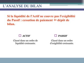 Si la liquidité de l'Actif ne couvre pas l'exigibilité
du Passif : cessation de paiement  dépôt de
bilan.
 ACTIF
Classé dans un ordre de
liquidité croissante.
 PASSIF
Classé dans un ordre
d'exigibilité croissante.
L’ANALYSE DU BILAN
 
