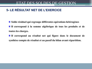 5- LE RÉSULTAT NET DE L’EXERCICE
ETAT DES SOLDES DE GESTION
Solde résiduel qui regroupe différentes opérations hétérogènes
Il correspond à la somme algébrique de tous les produits et de
toutes les charges.
Il correspond au résultat net qui figure dans le document de
synthèse compte de résultat et au passif du bilan avant répartition.
 