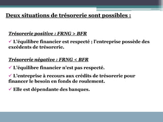 Deux situations de trésorerie sont possibles :
Trésorerie positive : FRNG > BFR
 L’équilibre financier est respecté ; l’entreprise possède des
excédents de trésorerie.
Trésorerie négative : FRNG < BFR
 L’équilibre financier n’est pas respecté.
 L’entreprise à recours aux crédits de trésorerie pour
financer le besoin en fonds de roulement.
 Elle est dépendante des banques.
 
