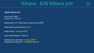 Kibana : Edit Kibana.yml 52
Update Kibana.xml
server.port: 8080
server.host: "0.0.0.0"
elasticsearch.url: "https://laas.ru...