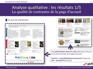 L’accessibilité des portails de bibliothèques
Paris. Ministère de la Culture et de la Communication
14
Analyse qualitative : les résultats 1/5
La qualité de contrastes de la page d’accueil
Une présentation claire et contrastée des contenus
de la zone centrale de la page d’accueil
Toulouse - www.bibliotheque.toulouse.fr (à gauche)
BnF - www.bnf.fr (à droite)
█ Ce qui est satisfaisant
2 décembre 2014
 