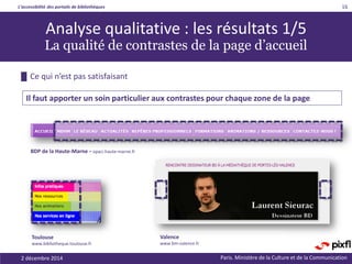 L’accessibilité des portails de bibliothèques
Paris. Ministère de la Culture et de la Communication
█ Ce qui n’est pas satisfaisant
16
Analyse qualitative : les résultats 1/5
La qualité de contrastes de la page d’accueil
Il faut apporter un soin particulier aux contrastes pour chaque zone de la page
BDP de la Haute-Marne - opaci.haute-marne.fr
Toulouse
www.bibliotheque.toulouse.fr
Valence
www.bm-valence.fr
2 décembre 2014
 