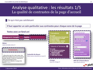 L’accessibilité des portails de bibliothèques
Paris. Ministère de la Culture et de la Communication
█ Ce qui n’est pas satisfaisant
17
Analyse qualitative : les résultats 1/5
La qualité de contrastes de la page d’accueil
Il faut apporter un soin particulier aux contrastes pour chaque zone de la page
Melun
www.astrolabe-melun.fr
Textes avec un fond uni
Sotteville-lès-Rouen
biblio.mairie-sotteville-les-rouen.fr
Limoges
www.bm-limoges.fr
BDP de la Haute-Marne
opaci.haute-marne.fr
2 décembre 2014
 