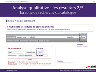 L’accessibilité des portails de bibliothèques
Paris. Ministère de la Culture et de la Communication2 décembre 2014
31
Analyse qualitative : les résultats 2/5
La zone de recherche du catalogue
Il faut rendre les intitulés de bouton pertinents
Deux autres exemples de boutons aux intitulés de bouton non pertinents
█ Ce qui n’est pas satisfaisant
Limoges
www.bm-limoges.fr
Toulouse
www.bibliotheque.toulouse.fr
 