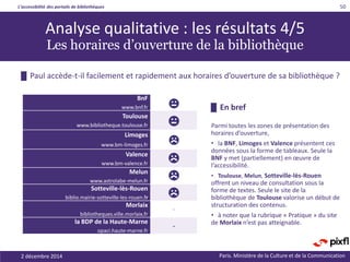 L’accessibilité des portails de bibliothèques
Paris. Ministère de la Culture et de la Communication2 décembre 2014
50
Analyse qualitative : les résultats 4/5
Les horaires d’ouverture de la bibliothèque
█ En bref
Parmi toutes les zones de présentation des
horaires d’ouverture,
• la BNF, Limoges et Valence présentent ces
données sous la forme de tableaux. Seule la
BNF y met (partiellement) en œuvre de
l’accessibilité.
• Toulouse, Melun, Sotteville-lès-Rouen
offrent un niveau de consultation sous la
forme de textes. Seule le site de la
bibliothèque de Toulouse valorise un début de
structuration des contenus.
• à noter que la rubrique « Pratique » du site
de Morlaix n’est pas atteignable.
█ Paul accède-t-il facilement et rapidement aux horaires d’ouverture de sa bibliothèque ?
BnF
www.bnf.fr
Toulouse
www.bibliotheque.toulouse.fr
Limoges
www.bm-limoges.fr
Valence
www.bm-valence.fr
Melun
www.astrolabe-melun.fr
Sotteville-lès-Rouen
biblio.mairie-sotteville-les-rouen.fr
Morlaix
bibliotheques.ville.morlaix.fr
-
la BDP de la Haute-Marne
opaci.haute-marne.fr
-
 