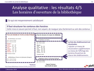 L’accessibilité des portails de bibliothèques
Paris. Ministère de la Culture et de la Communication2 décembre 2014
53
La liste des établissement est
structurées.
• ajouter un niveau de
structuration supplémentaire
au niveau de l’affichage des
horaires d’ouverture de
chacun des établissements.
█ Ce qui est moyennement satisfaisant
Analyse qualitative : les résultats 4/5
Les horaires d’ouverture de la bibliothèque
Toulouse
http://www.bibliotheque.toulouse.fr/infos_horaires.html
Il faut structurer les contenus des horaires
Cette mise en œuvre permet à Paul, non-voyant, de naviguer plus facilement au sein des contenus
Capture Toulouse
(sans feuille de styles)
 