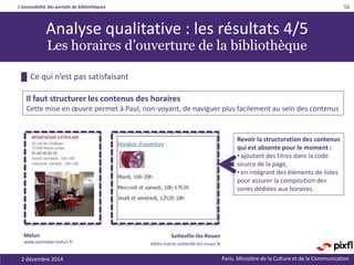 L’accessibilité des portails de bibliothèques
Paris. Ministère de la Culture et de la Communication2 décembre 2014
56
Revoir la structuration des contenus
qui est absente pour le moment :
• ajoutant des titres dans la code
source de la page,
• en intégrant des éléments de listes
pour assurer la composition des
zones dédiées aux horaires.
█ Ce qui n’est pas satisfaisant
Il faut structurer les contenus des horaires
Cette mise en œuvre permet à Paul, non-voyant, de naviguer plus facilement au sein des contenus
Analyse qualitative : les résultats 4/5
Les horaires d’ouverture de la bibliothèque
Sotteville-lès-Rouen
biblio.mairie-sotteville-les-rouen.fr
Melun
www.astrolabe-melun.fr
 