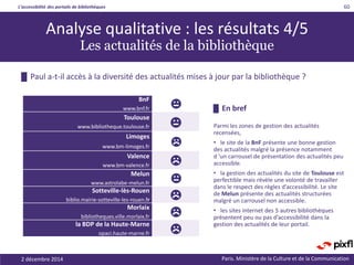 L’accessibilité des portails de bibliothèques
Paris. Ministère de la Culture et de la Communication2 décembre 2014
60
Analyse qualitative : les résultats 4/5
Les actualités de la bibliothèque
█ En bref
Parmi les zones de gestion des actualités
recensées,
• le site de la BnF présente une bonne gestion
des actualités malgré la présence notamment
d ’un carrousel de présentation des actualités peu
accessible.
• la gestion des actualités du site de Toulouse est
perfectible mais révèle une volonté de travailler
dans le respect des règles d’accessibilité. Le site
de Melun présente des actualités structurées
malgré un carrousel non accessible.
• les sites internet des 5 autres bibliothèques
présentent peu ou pas d’accessibilité dans la
gestion des actualités de leur portail.
█ Paul a-t-il accès à la diversité des actualités mises à jour par la bibliothèque ?
BnF
www.bnf.fr
Toulouse
www.bibliotheque.toulouse.fr
Limoges
www.bm-limoges.fr
Valence
www.bm-valence.fr
Melun
www.astrolabe-melun.fr
Sotteville-lès-Rouen
biblio.mairie-sotteville-les-rouen.fr
Morlaix
bibliotheques.ville.morlaix.fr
la BDP de la Haute-Marne
opaci.haute-marne.fr
 