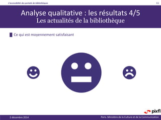 L’accessibilité des portails de bibliothèques
Paris. Ministère de la Culture et de la Communication2 décembre 2014
61
Analyse qualitative : les résultats 4/5
Les actualités de la bibliothèque
█ Ce qui est moyennement satisfaisant
 