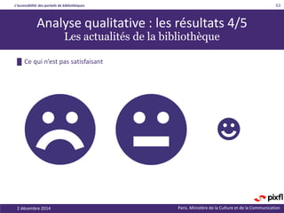 L’accessibilité des portails de bibliothèques
Paris. Ministère de la Culture et de la Communication2 décembre 2014
63
█ Ce qui n’est pas satisfaisant
Analyse qualitative : les résultats 4/5
Les actualités de la bibliothèque
 