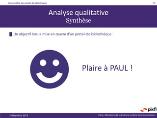 L’accessibilité des portails de bibliothèques
Paris. Ministère de la Culture et de la Communication
█ Un objectif lors la mise en œuvre d’un portail de bibliothèque :
2 décembre 2014
73
Plaire à PAUL !
Analyse qualitative
Synthèse
 