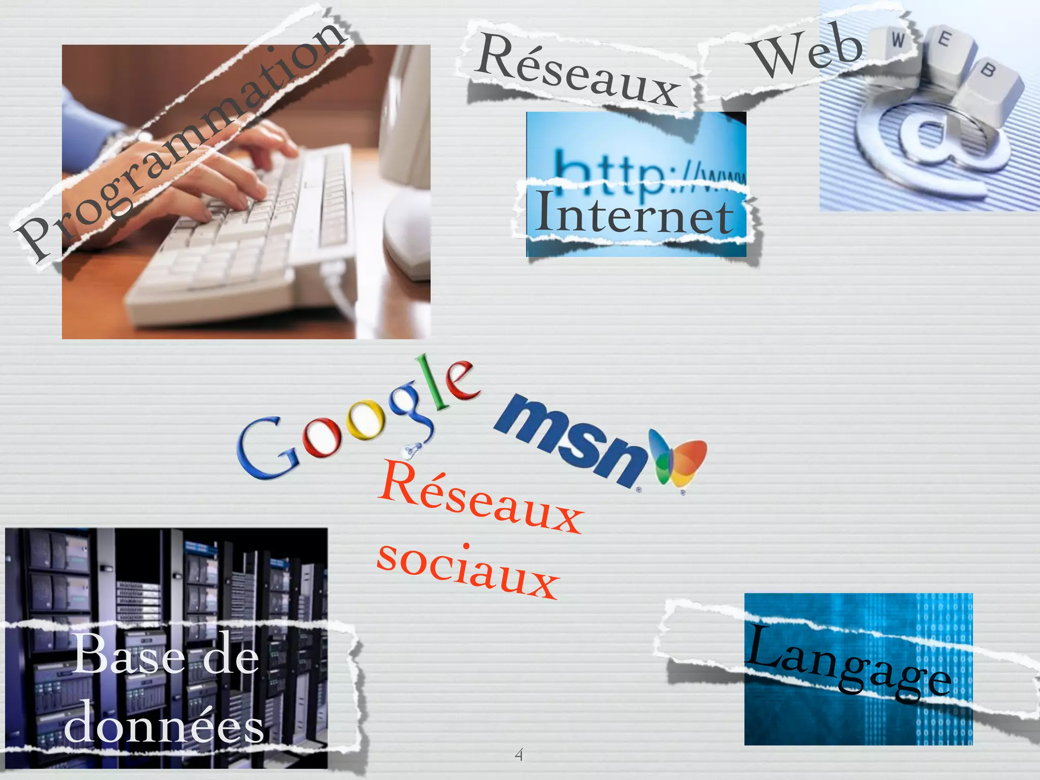 io n      Réseau           Web
                          a t                x
                        mm
              g      ra
      r     o                                Internet
    P


                                    Réseau
                                           x
                                    sociaux
         Base de                                        Langag
                                                              e
         données                         4
lundi 5 septembre 2011
 