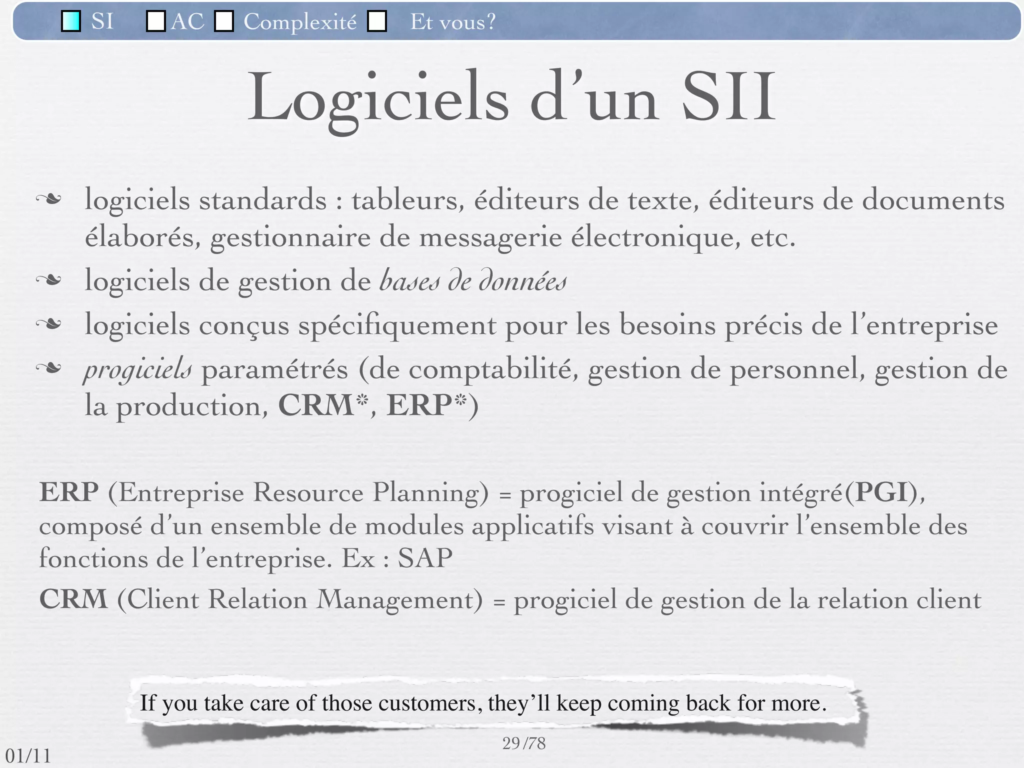 SI         AC   Complexité   Et vous?


                         Evolution du SIO et SII




                                                      26 /76
 09/11
lundi 5 septembre 2011
 