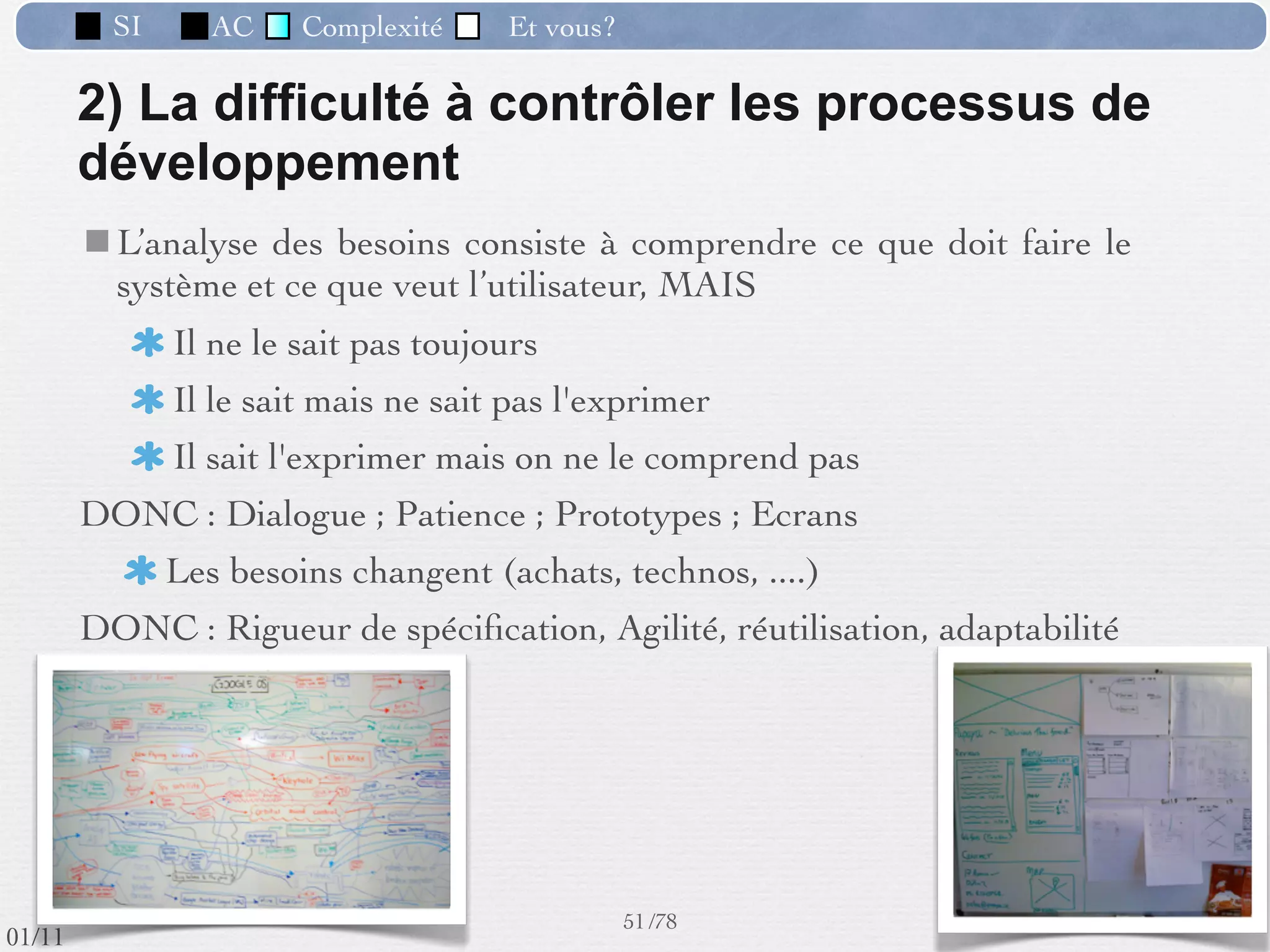 SI           AC     Complexité   Et vous?




 Etude d’opportunité

                           Avant-projet


              Analyse                                        Les phases du
                                                          développement d’un
                                                                  SI
           Conception




           Réalisation

                         Test et démarrage
                                                          42 /76
 09/11
lundi 5 septembre 2011
 