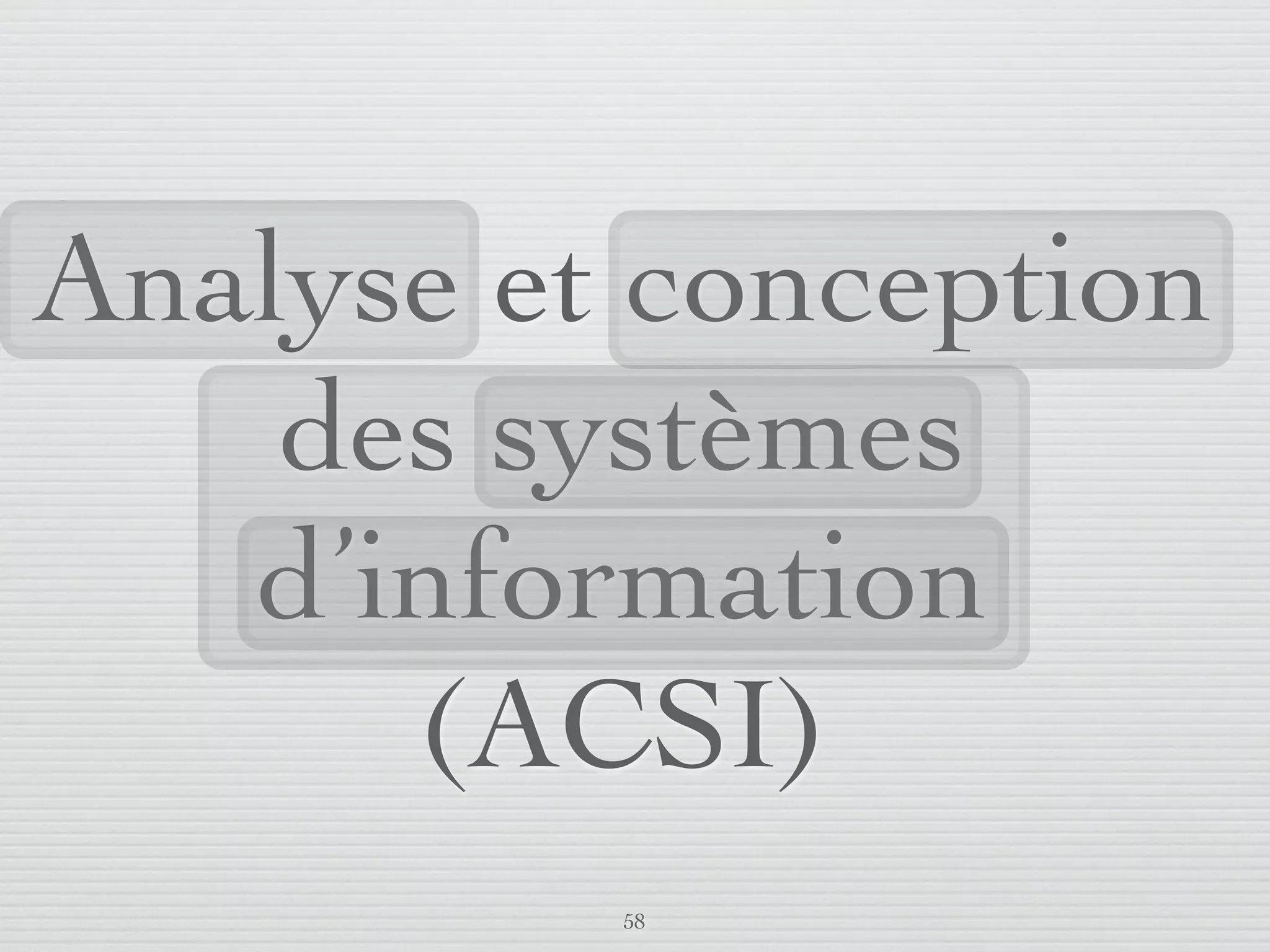 SI          AC    Complexité   Et vous?


                    Une complexité inhérente
                     Selon Grady Booch, la complexité est une caractéristique
                      inhérente au logiciel et elle provient de quatre éléments :
                         1) la complexité des problèmes ;
                         2) la difﬁculté à contrôler le processus de développement ;
                         3) la ﬂexibilité dans la programmation ;
                         4) le passage du monde continu au monde discret .




                                                        49 /76
 09/11
lundi 5 septembre 2011
 