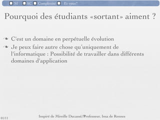 SI         AC   Complexité    Et vous?


             La bidouille.... ça marche!...
                       Parfois.
       Un autre phénomène très répandu est celui du "bidouilleur" : régulièrement autodidacte, et
       généralement brouillon, il pense être capable de tout faire en mettant lui-même la main à
       la pâte. Très souvent, il s'agit d'un commercial persuadé qu'il pourra faire seul ce qui lui
       semble long et cher sans raison. Dans un premier temps, il semblera y arriver, à force de
       persévérances et d'interventions qui lui paraîtront être de petites astuces très intelligentes et
       qu'il ajoutera ici et là, très content de lui-même et de son résultat immédiat. Mais cela se
       termine toujours de la même manière : son code et ses ﬁchiers se révèlent être devenus si
       fouillis et si incompréhensibles qu'il ﬁnira par être incapable de faire fonctionner quoi que ce
       soit, et devra se résoudre à appeler au secours. Seulement, il est souvent trop tard, et la seule
       solution viable pour son site Web est de le re-développer entièrement et correctement. Et là,
       ça coûte beaucoup plus cher que quelques heures d'analyse ou les conseils d'un professionnel.




                                     http://www.sam-mag.com/P53,53,5,58,,,default.aspx
                                                       67 /76
 09/11
lundi 5 septembre 2011
 