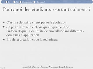 Informaticien : facile !
                               Coupe du monde de Football, 1998
                                                                     extrait de http://www.sam-mag.com/P53,53,5,58,,,default.aspx
      Le besoin était :
  • fournir à leurs journalistes des outils rédactionnels aﬁn de leur permettre d'afﬁcher en ligne les
  articles concernant la compétition (pas trop difﬁcile) ;
  • stocker et présenter des résultats et des statistiques..
   "Ecoute, le webmaster, vient voir : Là, il y a la coupe du monde qui commence la semaine prochaine. On va présenter
   les scores des matchs, et deux trois petits classements faciles. Tu nous fais un machin hyper-simple pour qu'on puisse
   faire un max d'audience avec tous les footeux. Tu vois, un petit programme où là, on rentre les buts et les cartons, et
   quand on clique ici, sur le site, on voit tout comme il faut. Comme ça, les journalistes, ils marquent dans une petite
   fenêtre que le match a eu lieu ici, avec les joueurs qui jouent, les buteurs qui marquent, les remplacés qui sortent et le
   type qui arbitre. Comme dans le journal, quoi.... Toi, tu leur fais gentiment une moulinette pour stocker tout ça et tout
   afﬁcher tranquillement sur le site quand le surfeur il le demande. OK ? Ca va ? Tu vois, un truc comme ça, tranquille..."


   Conséquences :
    - joueurs ayant marqué 327 fois en 4 matchs, Barthez dans l'équipe du Brésil, Zidane ﬁnaliste en
   totalisant 23 minutes de jeux sur le terrain, ...
   Finalement :
   - des pages statiques avec les feuilles de match, les classements et les résultats écrits directement en
   dur, dans des pages HTML ﬁxes
   - certains sites incapables de présenter le moindre résultat avant la ﬁn de l'épreuve !
                                                              68
lundi 5 septembre 2011
 
