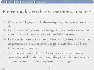 SI         AC   Complexité      Et vous?


   Pourquoi des étudiants «sortant» aiment ?

         «C'est un domaine en perpétuelle évolution»
         «Je peux faire autre chose qu’uniquement de
          l'informatique : Possibilité de travailler dans différents
          domaines d'application»
         «Il y de la création et de la technique, quelque chose qui a
          la vocation d'être utile, éventuellement simpliﬁer la vie des
          utilisateurs.»




 09/11
                              Inspiré de Mireille Ducassé,/76
                                                            Professeur, Insa de Rennes
lundi 5 septembre 2011
 