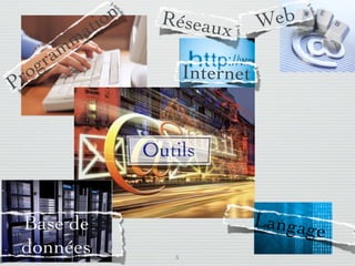 io n      Réseau           Web
                          a t                x
                        mm
              g      ra
      r     o                                Internet
    P


                                      Outils
                                    Réseau
                                           x
                                    sociaux
         Base de                                        Langag
                                                              e
         données                         5
lundi 5 septembre 2011
 
